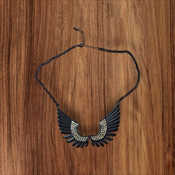 Black Gold Winged Rhinestone Statement Necklace Bold Crescent  Adjustable - Picture 1 of 7